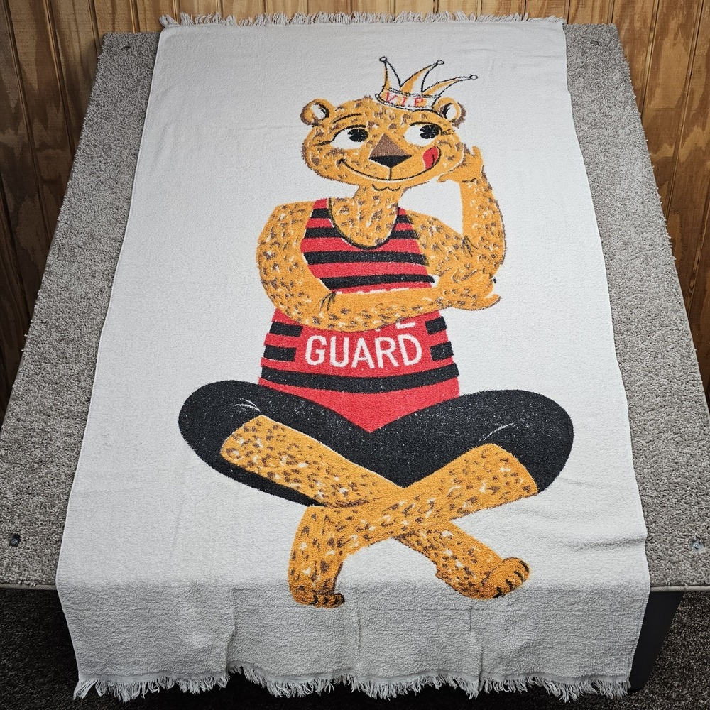 Vintage Beach Towel Cheetah Life Guard VIP Crown Cotton Fringe